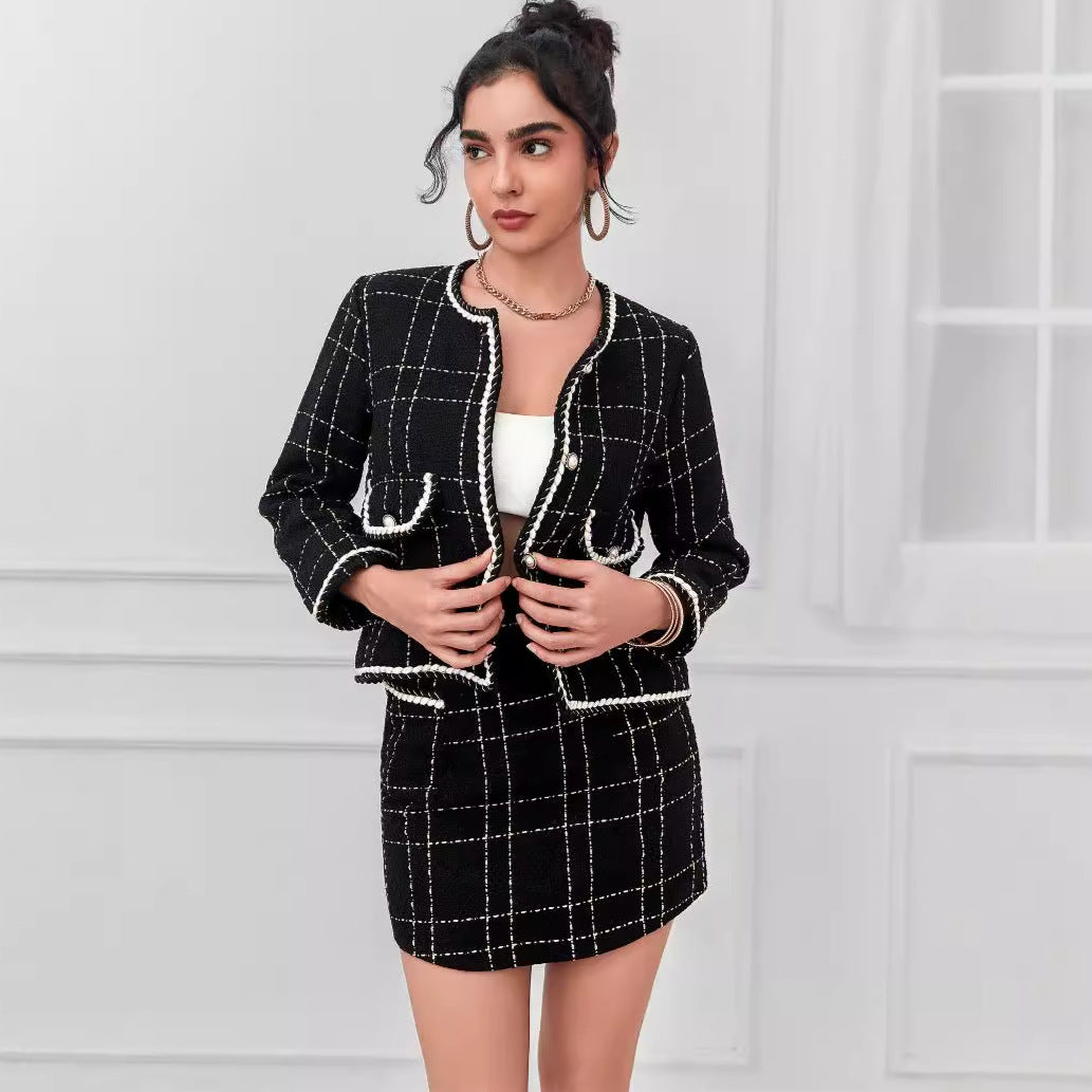 Damen Zweiteiliges Bouclé-Blazer-Set mit Zierstreifen und tailliertem Minirock Drune