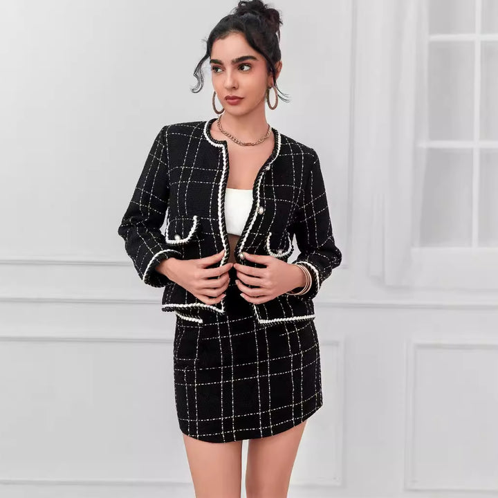 Damen Zweiteiliges Bouclé-Blazer-Set mit Zierstreifen und tailliertem Minirock Drune