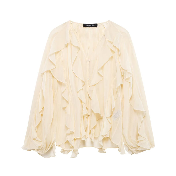 Damen nan feminine Chiffon-Volantbluse mit Ballonärmeln und V-Ausschnitt Drune