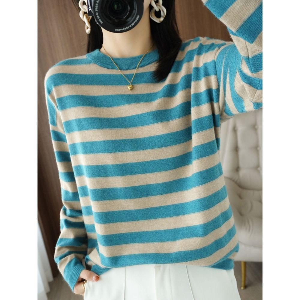 Damen lässiger Strickpullover mit breiten Streifen Drune