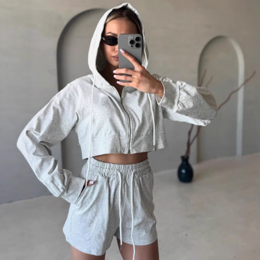 Damen Freizeit-Crop-Set mit Hoodie und Shorts Drune