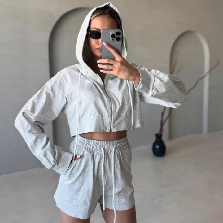 Damen Freizeit-Crop-Set mit Hoodie und Shorts Drune