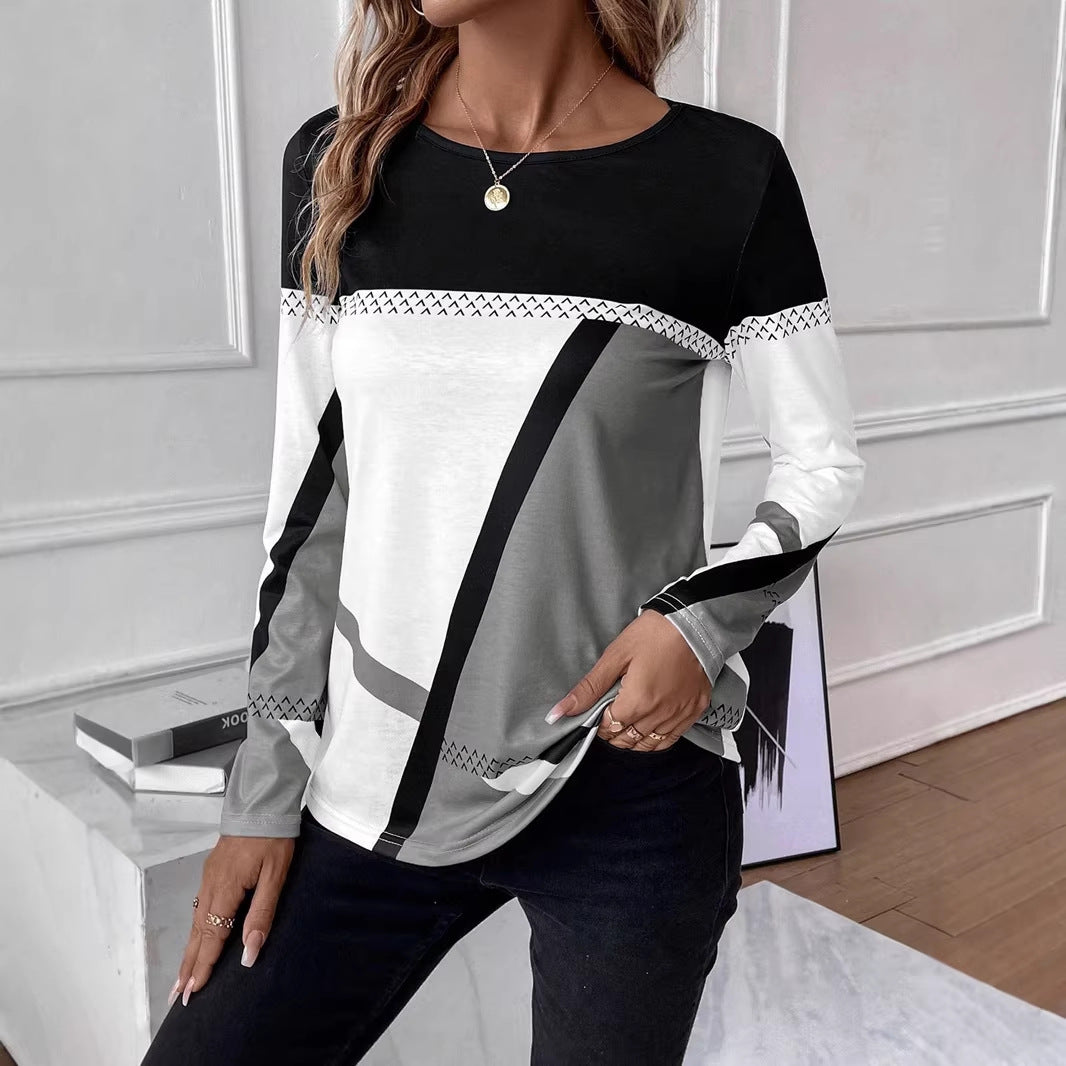 Damen Langarmshirt mit geometrischem Blockprint und Rundhalsausschnitt Drune