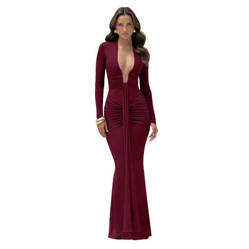 Damen langes Wickelkleid mit raffinierten Drapierungen und elegantem V-Ausschnitt Drune