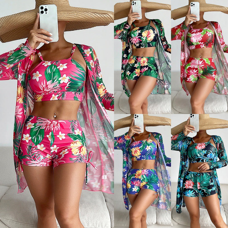 Damen Sport-Bikini-Set mit farbenfrohem Floralprint und lässiger Wickeljacke Drune