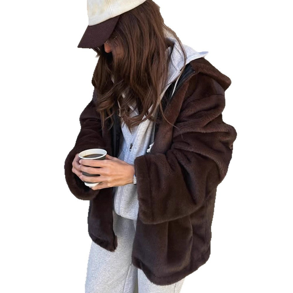 Damen Boxy-Kurzmantel aus veganem Fauxfur mit Kapuze, verdecktem Reißverschluss & lässiger Silhouette Drune