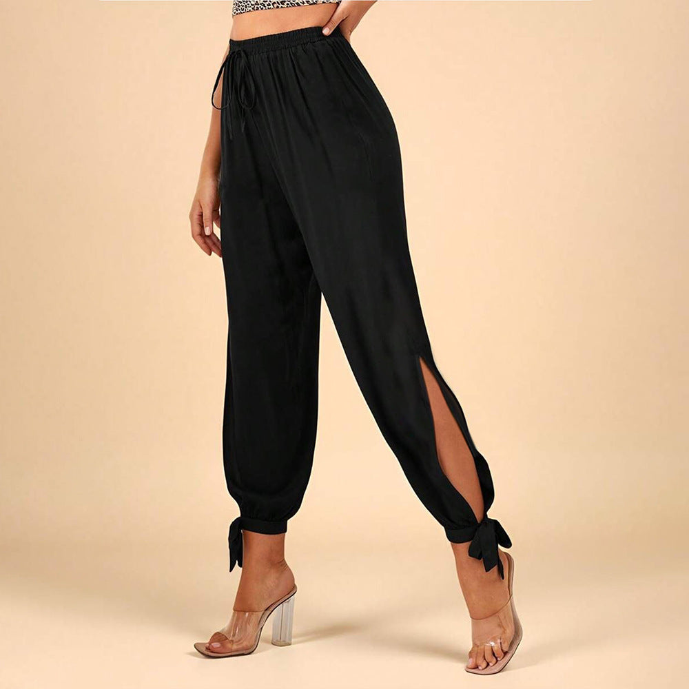 Damen elegante Hose mit Seitenschlitzen und Kordelzug Drune