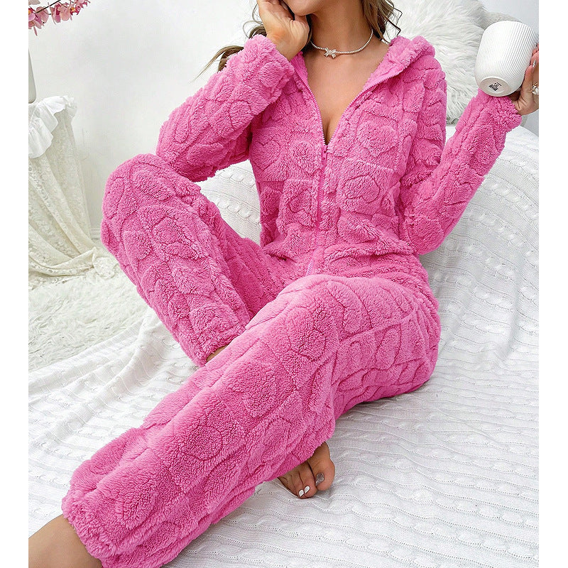 Damen Gemütlicher Fleece-Overall mit Kapuze Drune