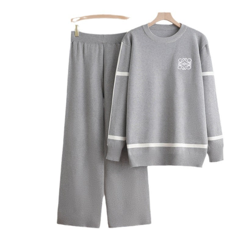 Damen modisches Freizeit-Loungewear-Set mit breiten Beinen und dezentem Logo Drune