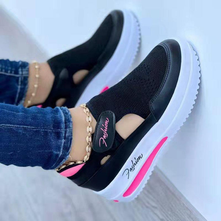 Damen Keilabsatz-Sneaker mit Strick-Obermaterial, Cut-Outs und Klettverschluss Drune