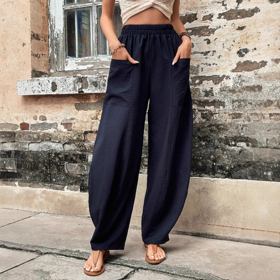 Damen lässige weite Haremshose mit elastischem Bund und praktischen Taschen Drune