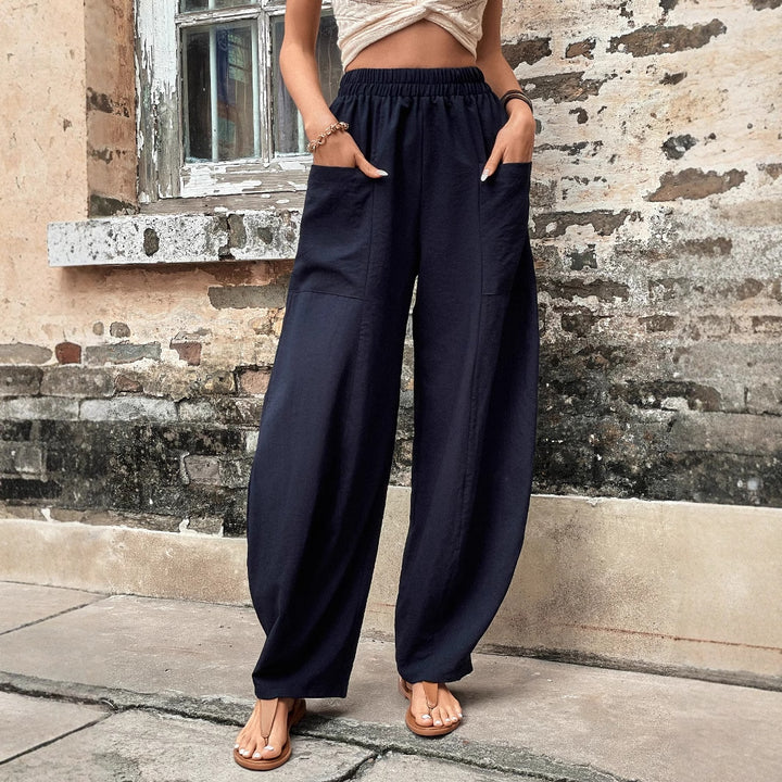 Damen lässige weite Haremshose mit elastischem Bund und praktischen Taschen Drune