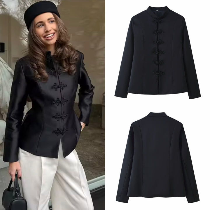 Damen 100+ elegante taillierte Blusenjacke mit Mandarinkragen und dekorativen Knotenverschlüssen Drune