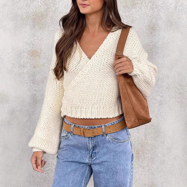 Damen modischer Wickelpullover mit tiefem V-Ausschnitt und voluminösen Ärmeln Drune