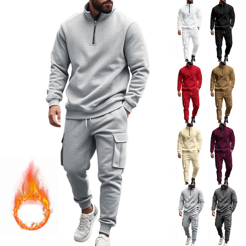 Herren nan sportives Cargo-Joggingset mit Halbzip-Stehkragen, wärmendem Fleece-Innenfutter und großzügigen Klapptaschen Drune