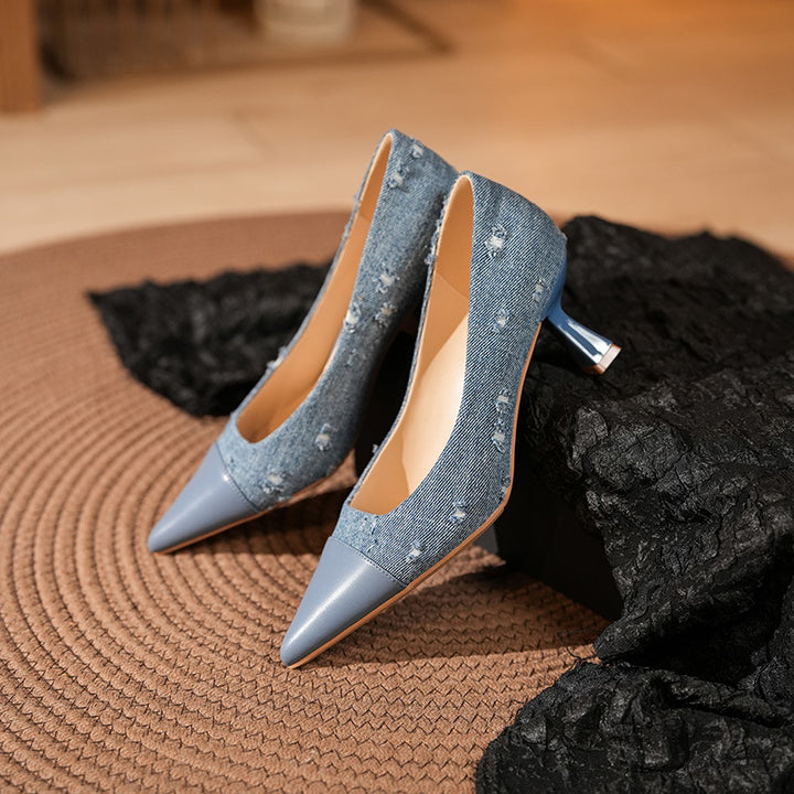 Damen Stylische Denim Spitz-Zehen Absätze Drune