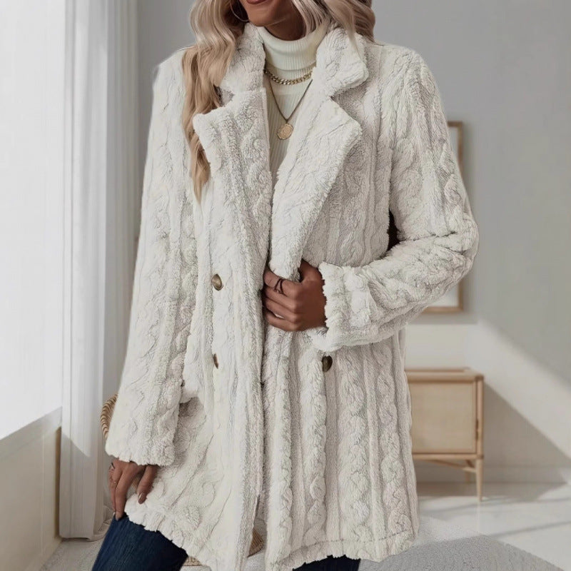 Damen Midilanger Teddy-Mantel mit Zopfmuster, Reverskragen und doppelt geknöpfter Front Drune