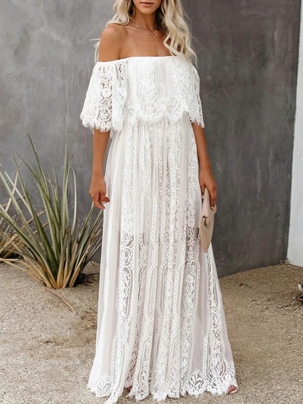 Damen Maxikleid mit eleganter Spitze und schulterfreiem Design Drune