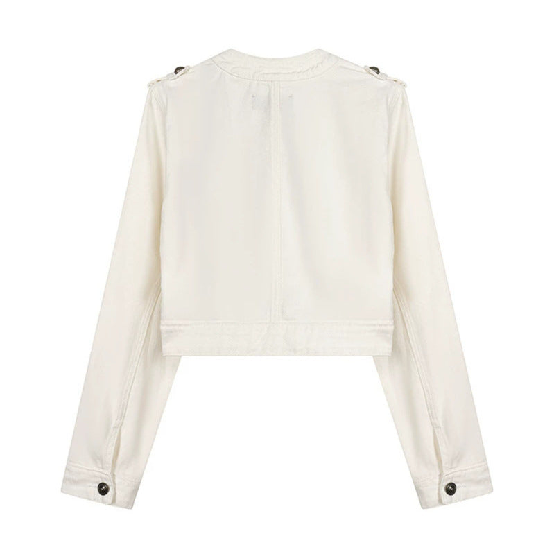 Damen Cropped-Denimjacke im Military‑Stil mit Zierknopfleisten Drune