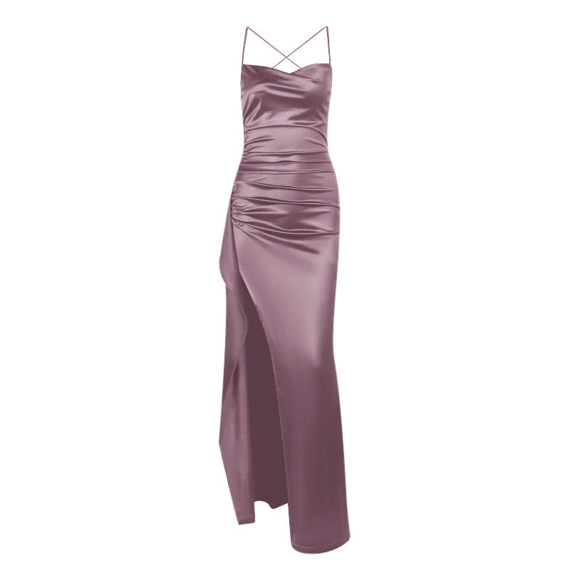 Damen elegantes Satin-Kleid mit tiefem Schlitz und verstellbaren Spaghetti-Trägern Drune