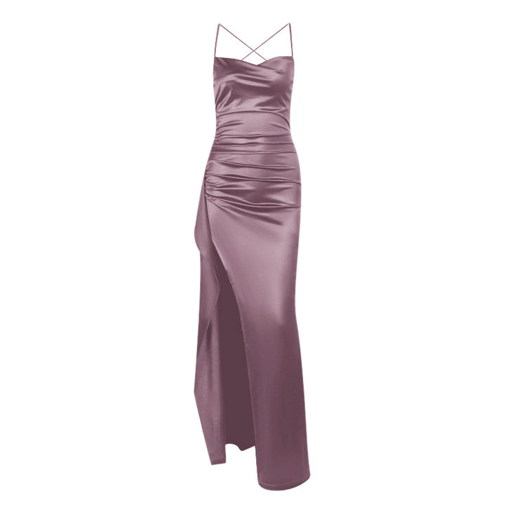 Damen elegantes Satin-Kleid mit tiefem Schlitz und verstellbaren Spaghetti-Trägern Drune