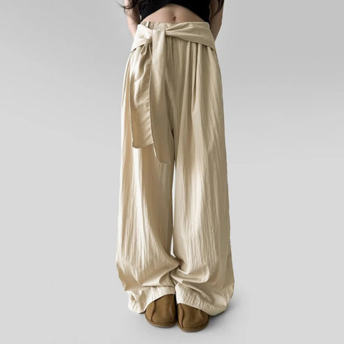 Damen nan Highwaist Leinenhose mit weitem Bein und dekorativem Bindegürtel Drune