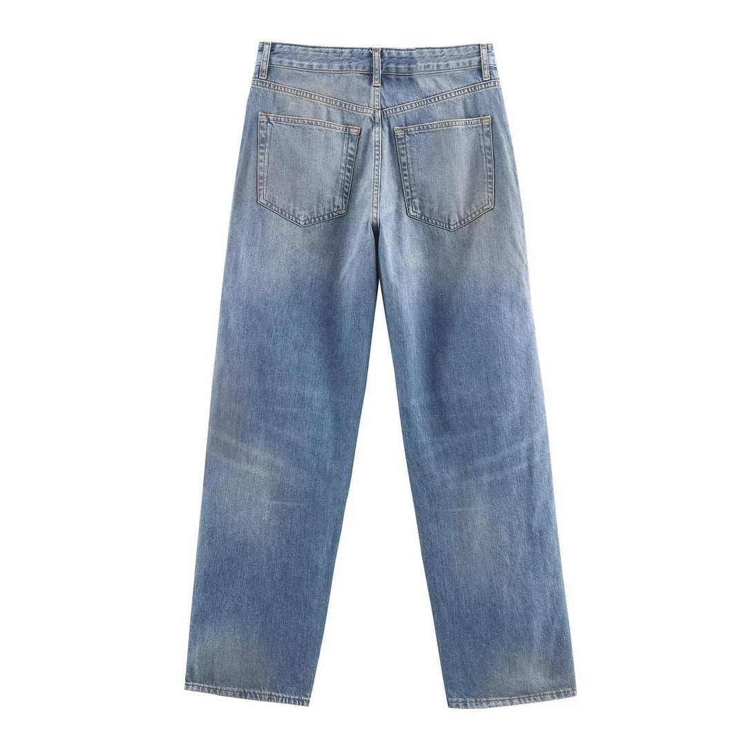 Damen Weite High‑Waist Jeans mit geradem Bein und Vintage-Wash Drune