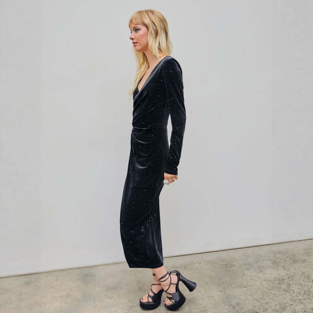 Damen glamouröses Samt-Wickelkleid mit Glitzereffekt, Raffung und hohem Beinschlitz Drune