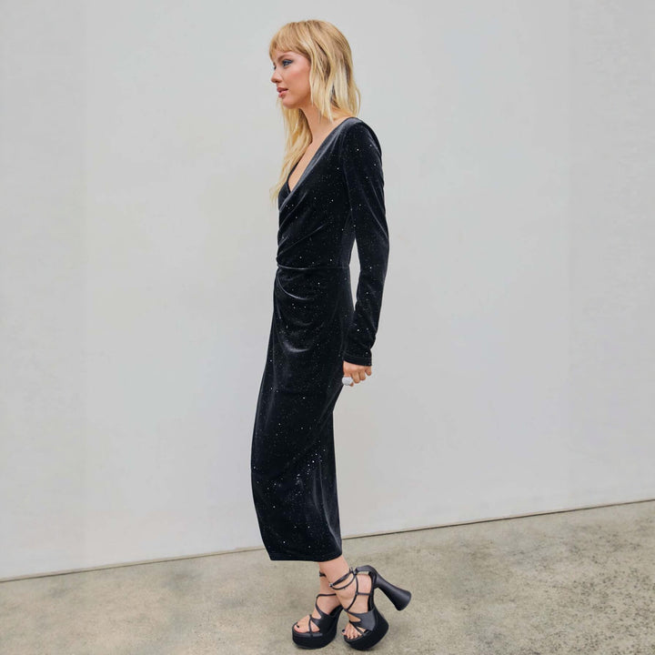Damen glamouröses Samt-Wickelkleid mit Glitzereffekt, Raffung und hohem Beinschlitz Drune