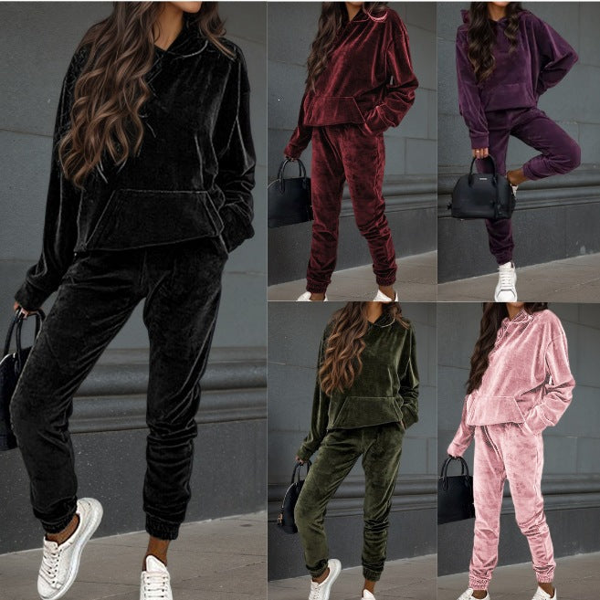 Damen Samt-Jogginganzug mit Kapuzenhoodie, Kängurutasche und elastischer Bündchenhose Drune