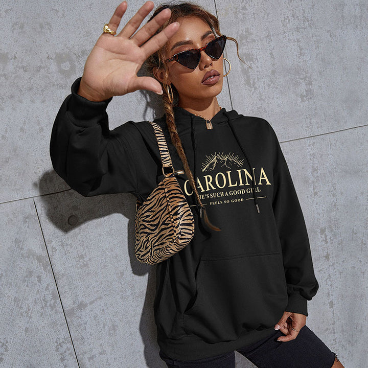 Damen Lässiger Oversize-Kapuzenpullover mit Statement-Print, Kängurutasche und Rippbündchen Drune