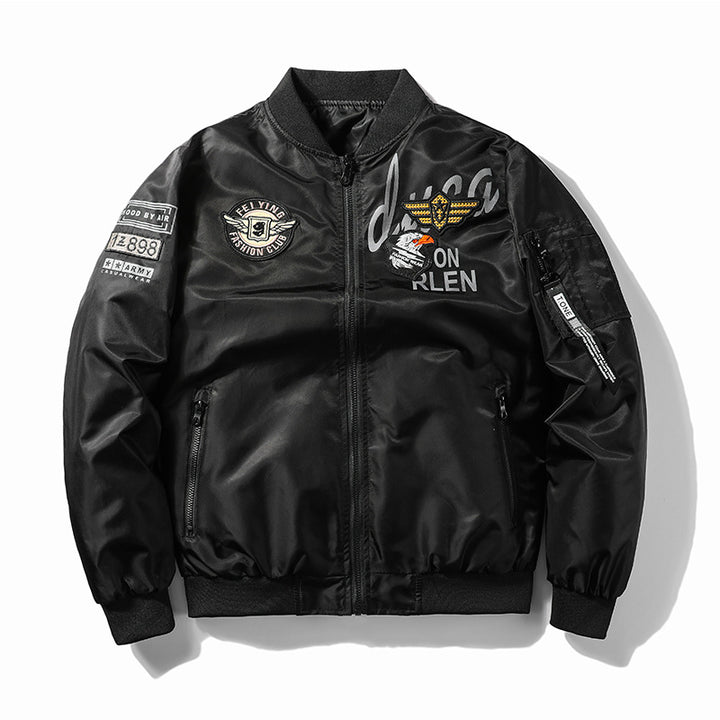 Herren Modische Bomberjacke mit Kunstleder und Stickereien Drune