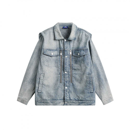 Unisex Boxy-Jeansjacke mit doppeltem Brustreißverschluss, Pattentaschen und geradem Saum Drune