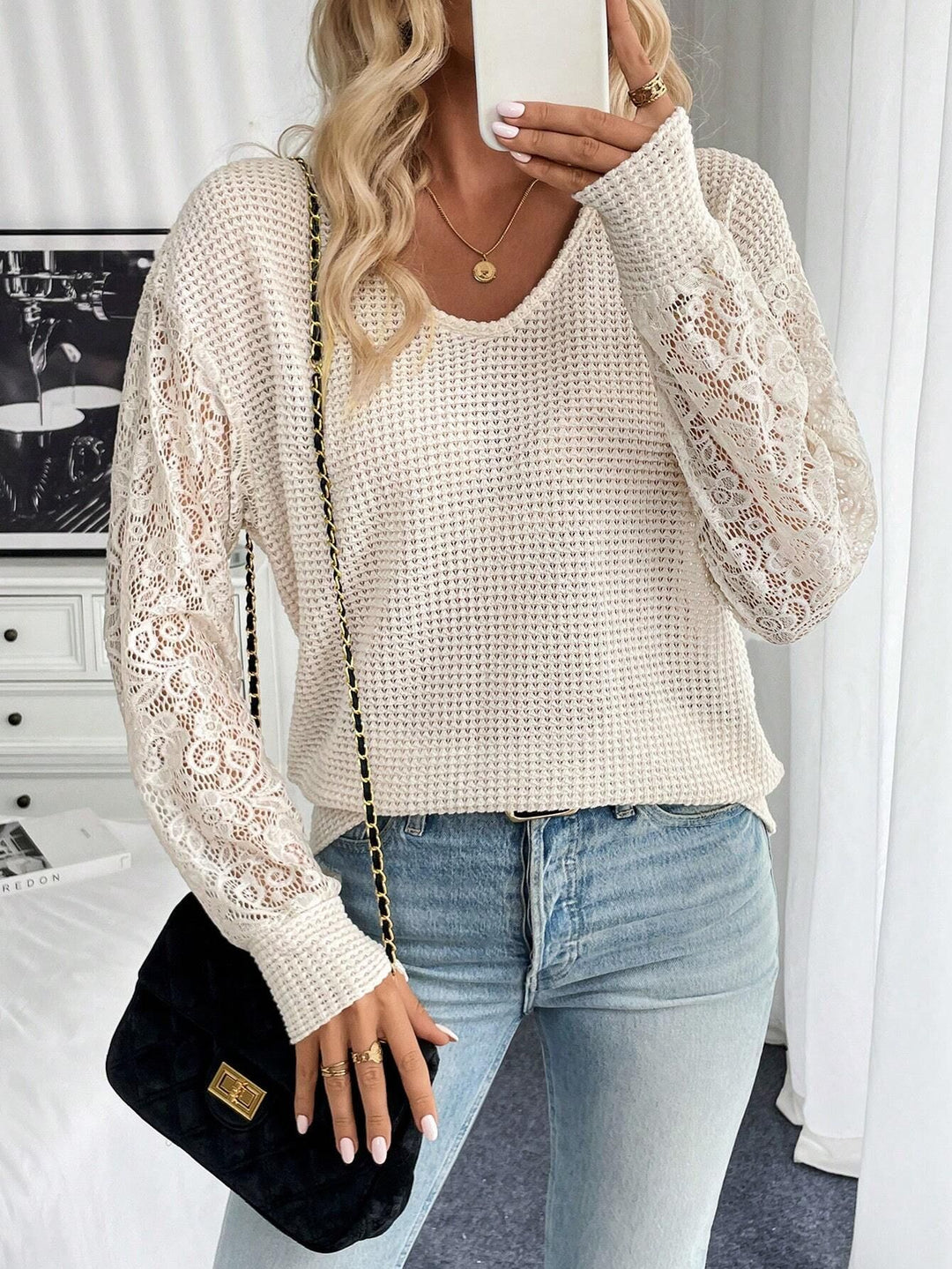 Damen nan locker geschnittener Waffelstrick-Pullover mit floralen Spitzeneinsätzen an den Ärmeln Drune