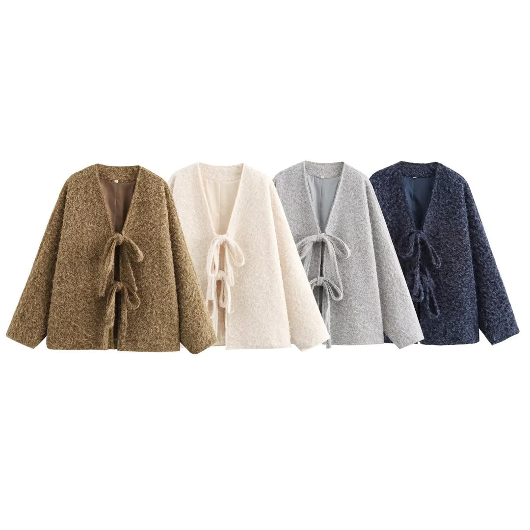 Damen elegante Wickeljacke aus hochwertigem Wollmix mit Binde-Detail Drune