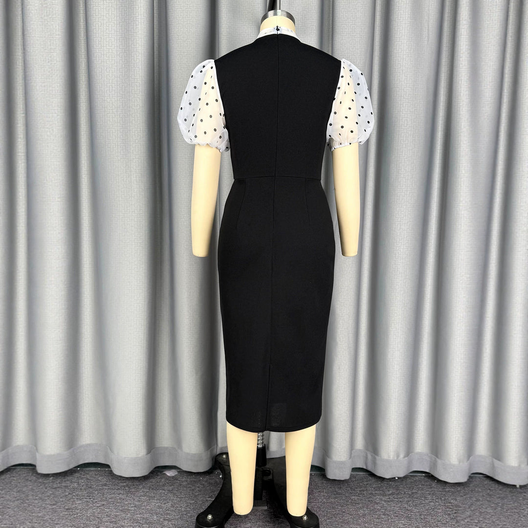 Damen figurbetontes Midi-Kleid mit transparenten Puffärmeln und Schleifenkragen Drune