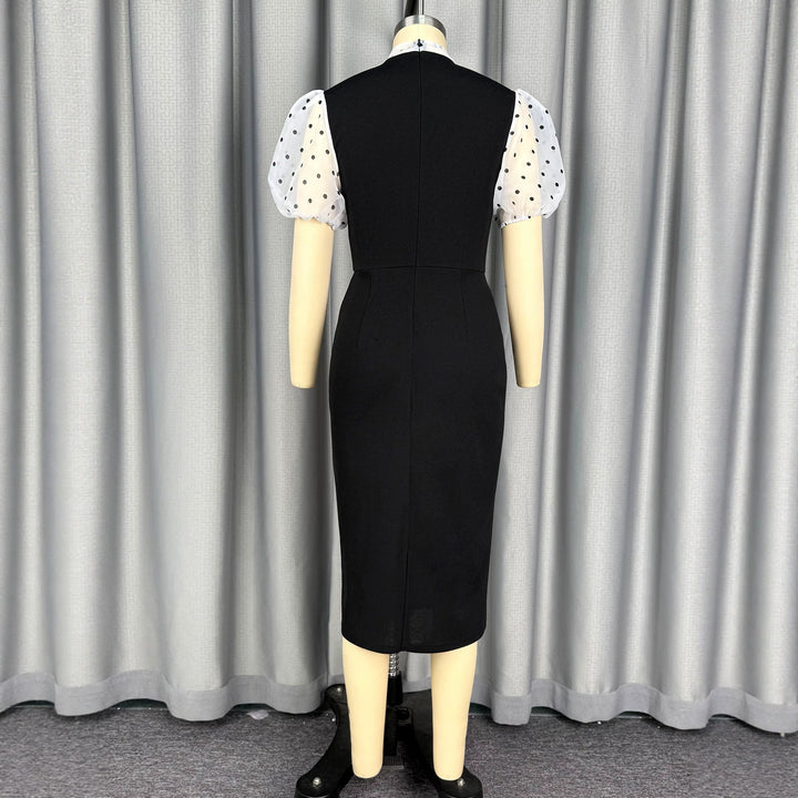 Damen figurbetontes Midi-Kleid mit transparenten Puffärmeln und Schleifenkragen Drune
