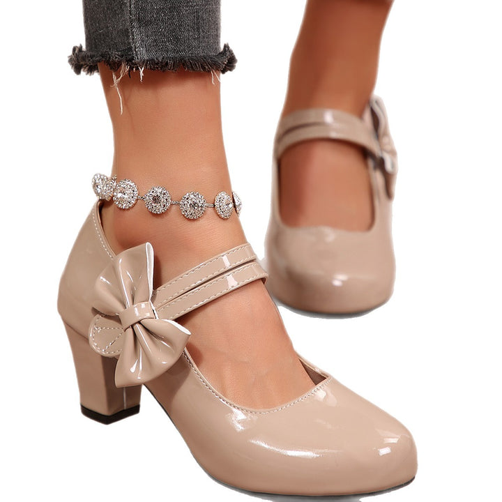 Damen Lack-Mary-Jane Pumps mit dekorativer Schleife und mittelhohem Blockabsatz Drune
