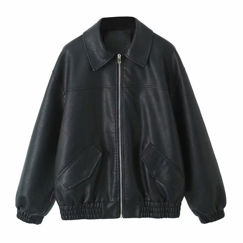 Damen nan oversized Kunstleder-Bomberjacke mit Hemdkragen elastischem Saum und aufgesetzten Pattentaschen Drune