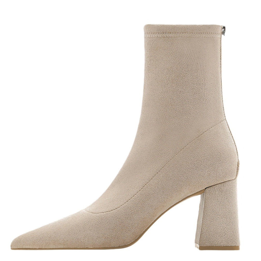 Damen Spitze Sock‑Ankle‑Boots mit skulpturellem Blockabsatz und Stretch‑Veloursoptik Drune