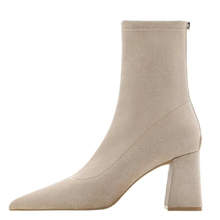 Damen Spitze Sock‑Ankle‑Boots mit skulpturellem Blockabsatz und Stretch‑Veloursoptik Drune