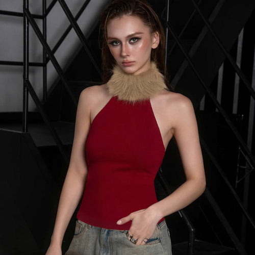 Damen elegantes langes Abendkleid mit raffiniertem Halter-Design und luxuriösem Kunstfellkragen Drune