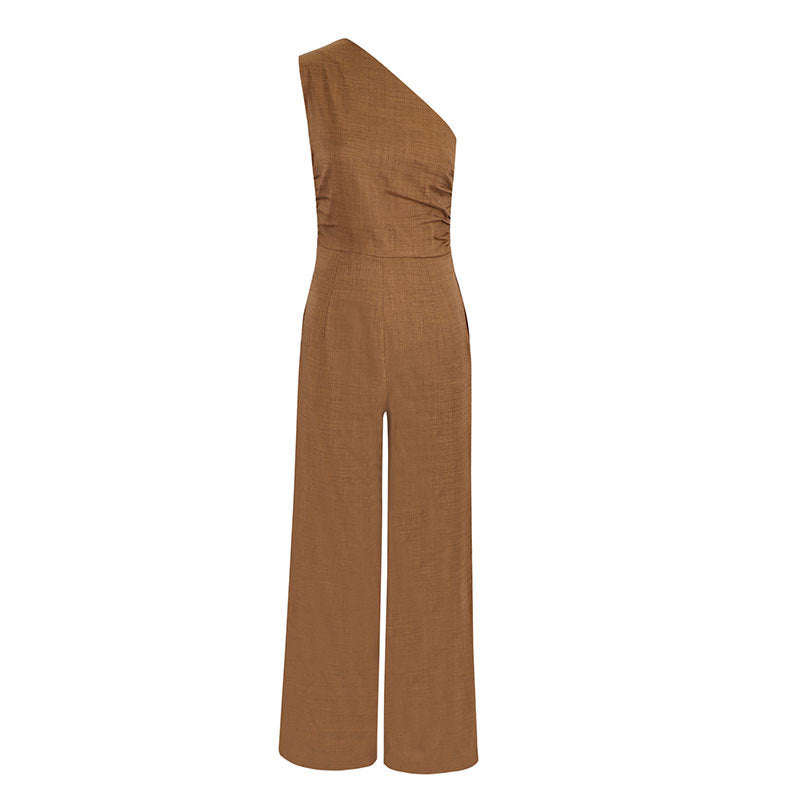 Damen eleganter Jumpsuit mit asymmetrischem Ausschnitt und fließendem Schnitt Drune
