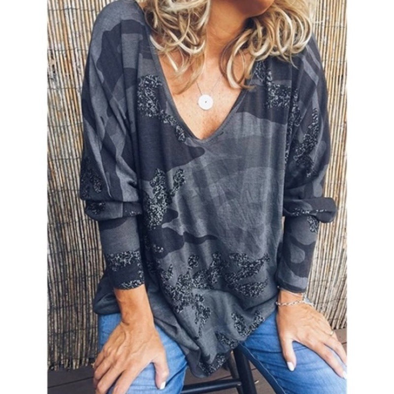 Damen Oversize V‑Ausschnitt Longshirt mit Camouflage‑Print und Glitzerbesatz Drune