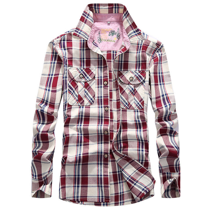 Herren Karierte Baumwoll-Flanell-Hemdjacke mit Brustpattentaschen und Hemdkragen Drune