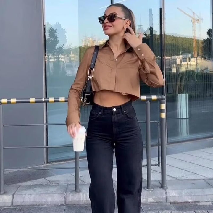 Damen nan kurze Hemdbluse mit klassischem Kragen, verdeckter Knopfleiste und Brusttasche Drune