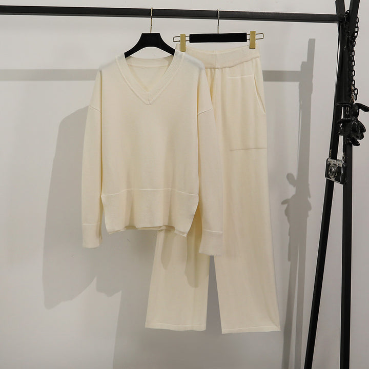 Damen lässiges Strick-Loungewear-Set mit tiefem V-Ausschnitt und praktischen Taschen Drune
