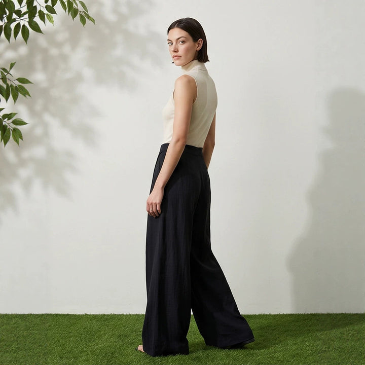 Damen High‑Waist Wickel‑Palazzohose mit weitem Bein und fließender Leinenoptik Drune