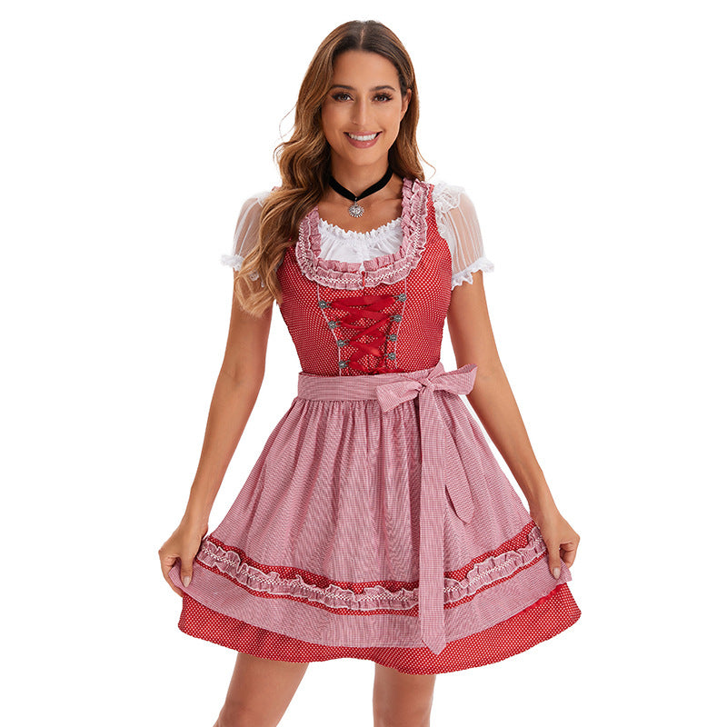 Damen nan kurzes traditionelles Dirndlkleid mit Korsett-Schnürung Spitzendetails und bindbarer Schürze Drune