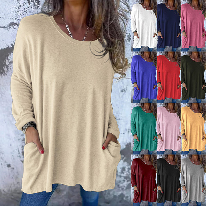 Damen Weiches Oversize Langarmshirt mit Rundhalsausschnitt, Lässigen Ärmeln und Seitentaschen Drune